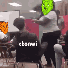 a group of people are sitting in a classroom with xkonwi written in the corner