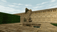 a computer generated image of a statue in a garden with a brick wall in the background