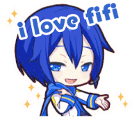 a blue haired anime character with the words i love fifi written above him