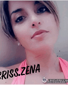 a close up of a woman 's face with the name priss.zena written in black