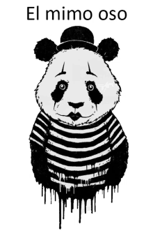 a black and white drawing of a panda bear wearing a striped shirt and hat