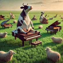 a cow is sitting on a piano in a field with sheep