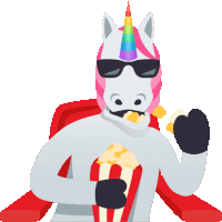 a unicorn wearing sunglasses is holding a popcorn bucket