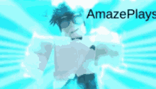 a roblox character wearing sunglasses and a bow tie is standing in front of a blue background with the words amazeplays on it