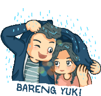 a cartoon of a man carrying a woman in the rain with the words bareng yuk below them