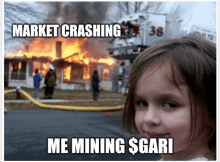 a little girl stands in front of a burning house with the words market crashing me mining $ gari on the bottom