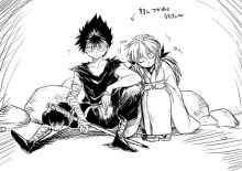 a black and white drawing of two anime characters sitting next to each other .