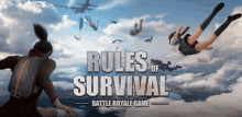 a poster for rules of survival battle royale game shows people falling from the sky