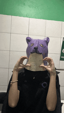 a person with a purple mask on their face