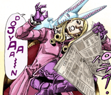 a cartoon of a woman reading a newspaper with a speech bubble that says jojo aa