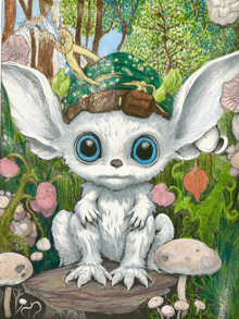 a painting of a white creature wearing a green hat and goggles