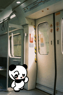 a cartoon panda bear is standing in the doorway of a train