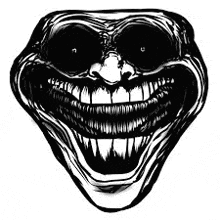 a black and white drawing of a troll face with a big smile and a lot of teeth .