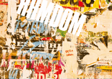 a collage of torn posters with the word random written in white