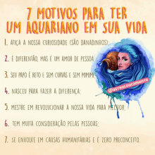 a poster with a picture of a woman and the words 7 motivos para ter um aquariano em sua vida