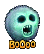 a stuffed animal with a glowing face and the word booo written on it .