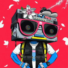 an illustration of a person with a boombox on their head and a flower on it