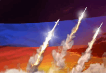 a painting of three rockets flying in the sky