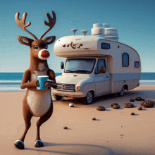 a cartoon reindeer is holding a cup of coffee in front of a camper