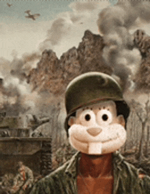 a cartoon soldier wearing a helmet and smiling