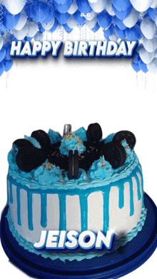 a blue and white birthday cake with the name jeison