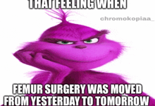 a picture of a purple grinch with a caption that says that feeling when femur surgery was moved from yesterday to tomorrow