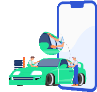 an illustration of two men working on a car with a phone in the background