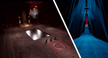 a dark room with a red circle in the middle and a blue tunnel