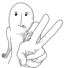 a black and white drawing of a person making a peace sign with their hands .