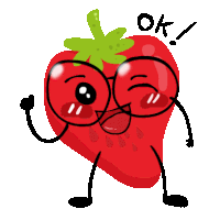 a cartoon illustration of a strawberry with arms and legs and the word ok above it