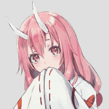 a girl with pink hair and horns covering her face with her hand