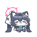 a pixel art drawing of a cat girl with long black hair holding a book .