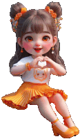 a little girl wearing a yellow skirt and a white shirt making a heart with her hands