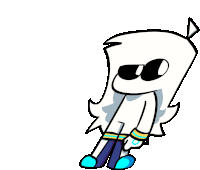 a cartoon character wearing sunglasses and blue socks is standing on a white background