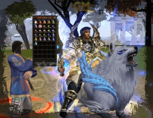 a man in armor is standing next to a white wolf in a game