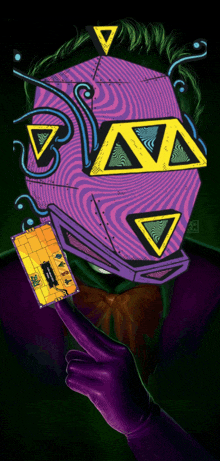 a joker holding a credit card with a purple mask on his face