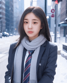 a girl wearing a suit and tie stands in front of a snowy street