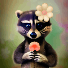 a raccoon with a flower on its head