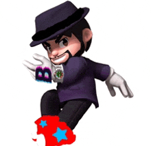 a cartoon character wearing a hat and gloves with the letter b on it