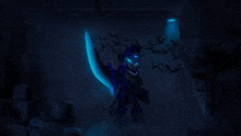 a person is holding a sword in a dark room with bats flying around .