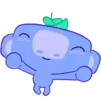 a blue cartoon character with a green leaf on top of its head