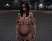 a pregnant woman wearing a pink dress and sunglasses