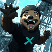 a cartoon of a bear wearing a black shirt with a green x on it