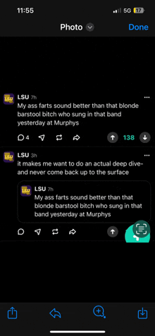 a screenshot of a twitter conversation between lsu and a blonde barstool bitch who sung in that band yesterday at murphys