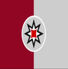 a red and gray flag with a black star in the center