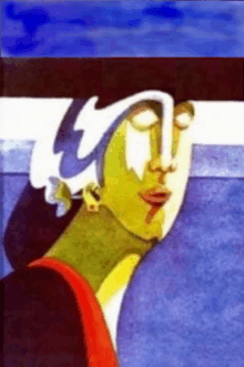 a colorful painting of a woman 's face with a blue sky in the background