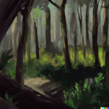 a painting of a forest with trees and a path