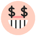 a smiley face with two dollar signs on it 's eyes and a smile .