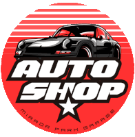 a logo for auto shop mirror park garage with a car on it