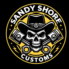 a logo for sandy shore customs has a skull in a cowboy hat